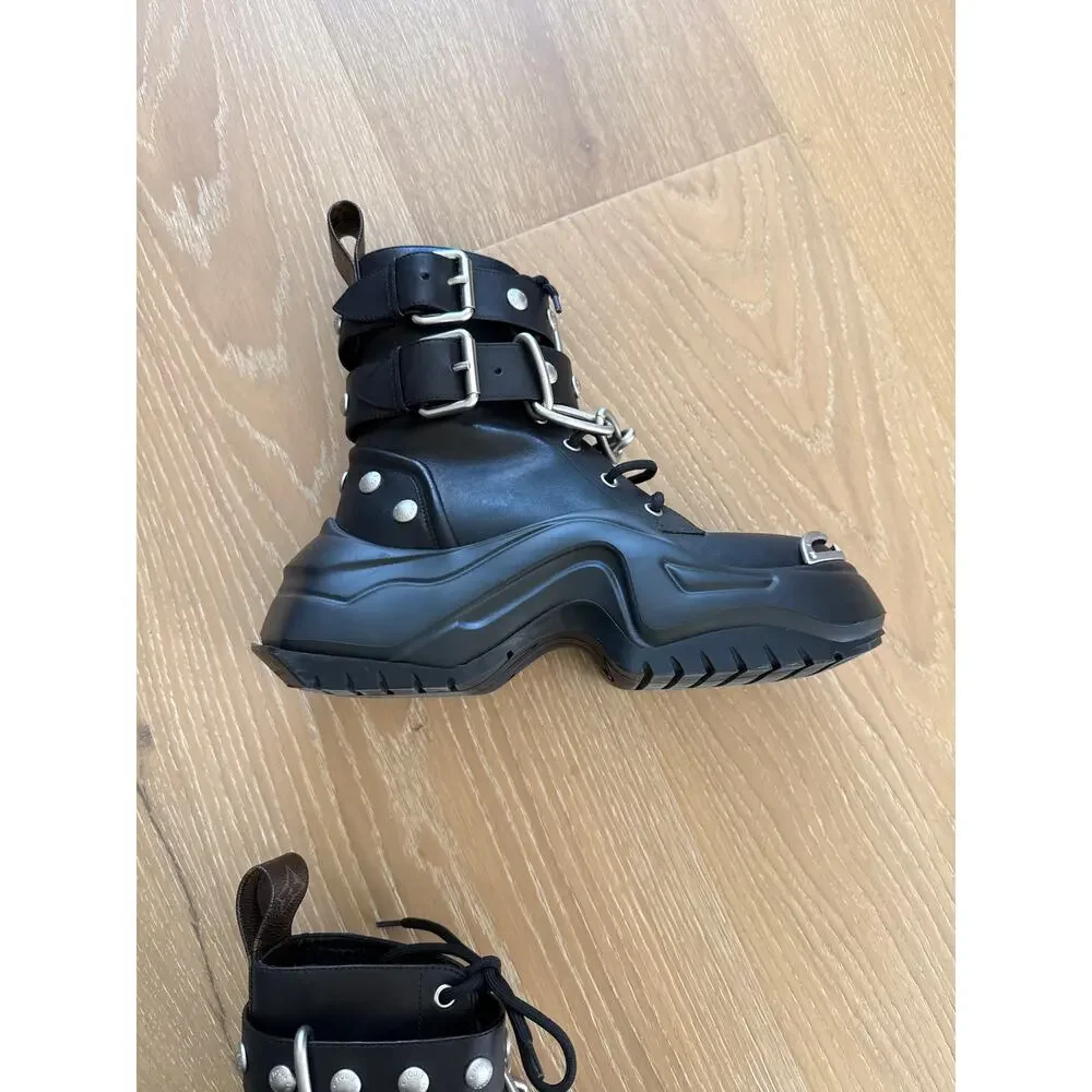 Louis Vuitton Leather Studded Accents Combat Boots w Chains Size 37 Black Silver